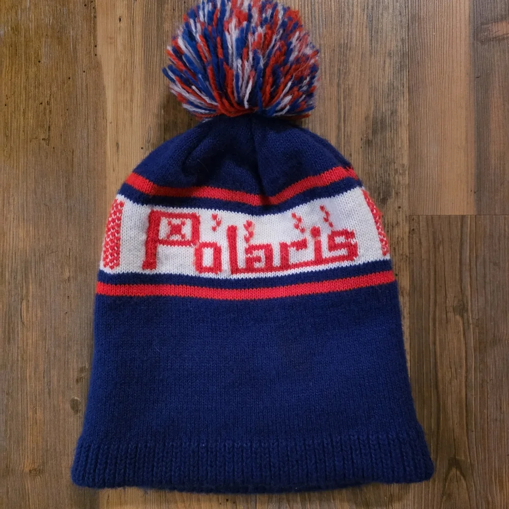 1970s Vintage Polaris Knit Pom Beanie Hat Red White Blue Winter Ski Snowmobile - Picture 1 of 2